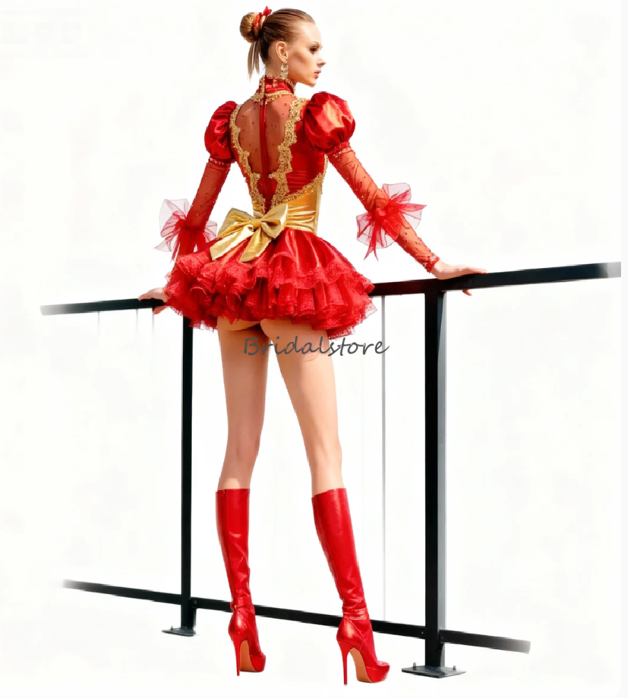 Tema della festa di Natale Abito da ballo rosso 2026 Mini abito da sera in costume corto sexy con fiocco in pizzo a maniche lunghe Fantasia Cosplay