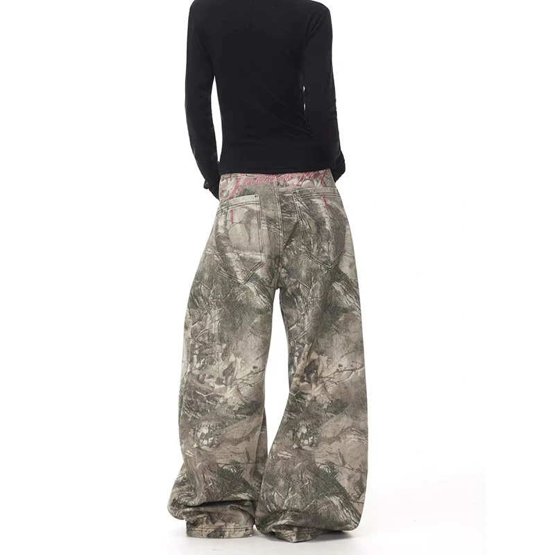 YIBASHU Jeans cargo mimetici da donna Harajuku Vintage Y2k Pantaloni oversize in denim stile giapponese anni '90 Ricami Pantaloni larghi 251204