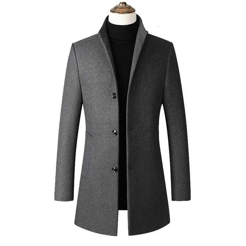 Trench coreano con colletto alla coreana per uomo Cappotto lungo in misto lana business da uomo tinta unita giacca a vento causale da uomoXJ251204