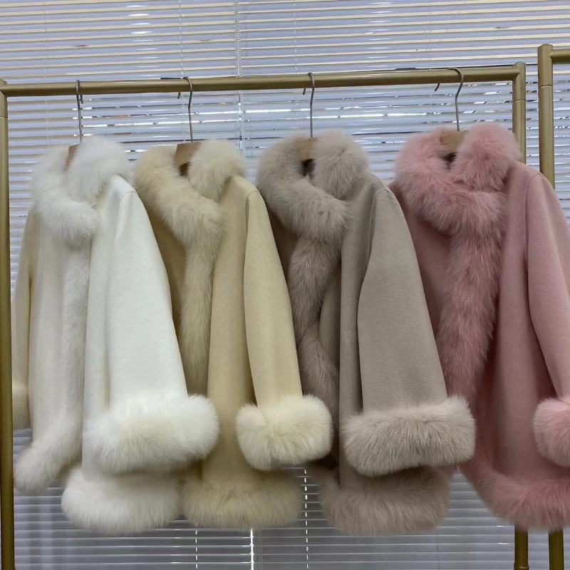 Real Fur Coat Winter Jacket Women Natural Fox Collar Warm Cashmere Wool Woolen Ladies Outerwear Streetwear Fashion 251204