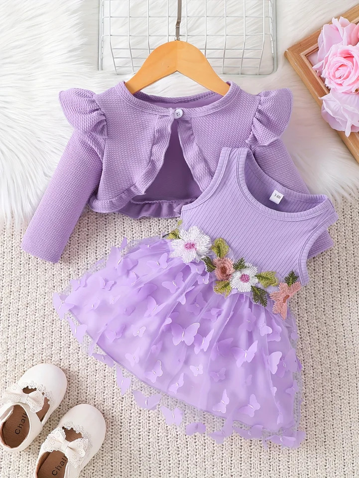 Tenue violette pour bébés filles, robe en Tulle papillon 3D, Cardigan en tricot à volants, ensemble deux pièces 251204