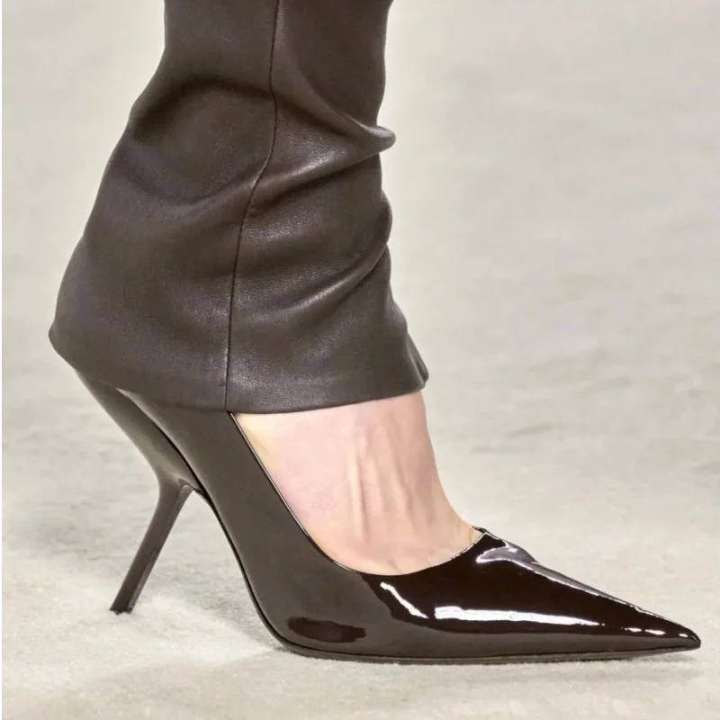 2025 Style Womens High Heels Shoes Patentleather Pointed Toe Solid Color Night Club Party Shoes Femme Summer Half Slippers 251201