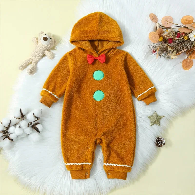 Cute Infant Baby Christmas Fuzzy Jumpsuit Gingerbread Man Hooded Romper Bodysuit Playsuits Costume 251204