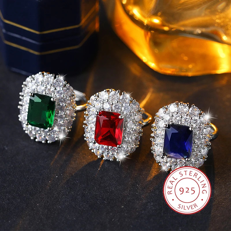 Bague en Zircon réglable pour femmes, vert/jaune/bleu scintillant, plaqué argent 2025, bande ouverte, cadeau, bijoux, à la mode, 925, 251204