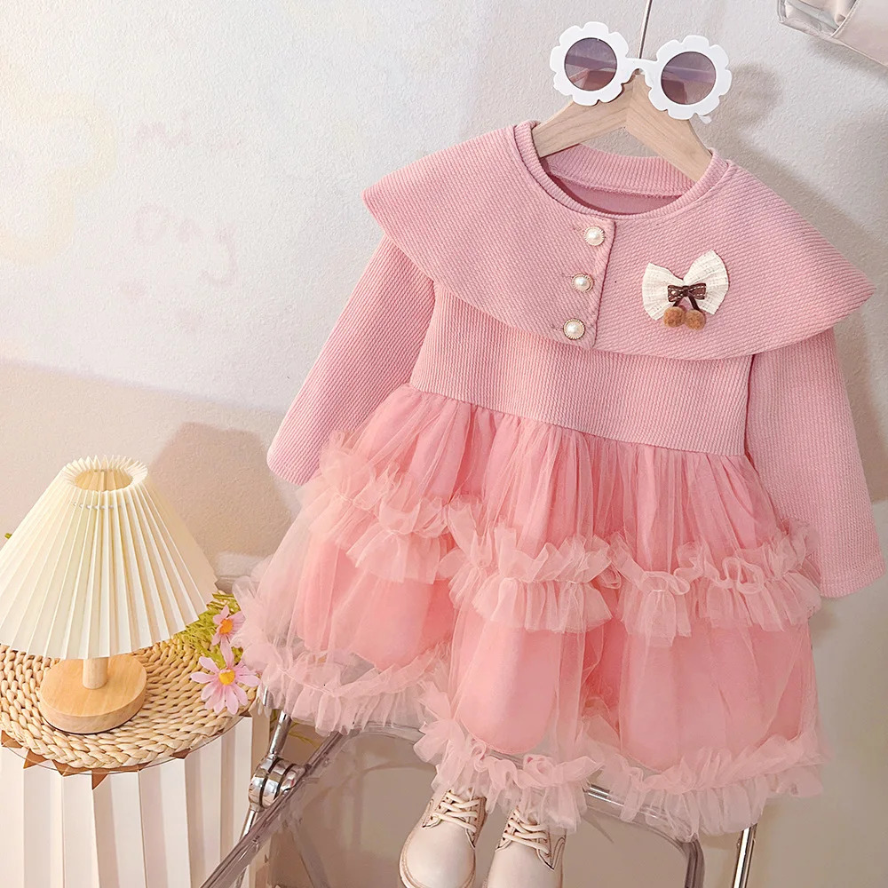 Vêtements de printemps et d'automne pour petites filles, col de poupée avec nœud, couleur unie, robes moelleuses en maille, mignonnes et décontra