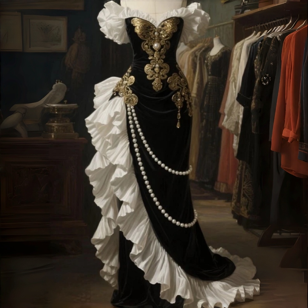 Historical Black And White Prom Dresses Pearls Beading Off Shoulder Velvet Medieval Prom Dress Ruffles Gold Lace Appliques Formal Occasion Gowns