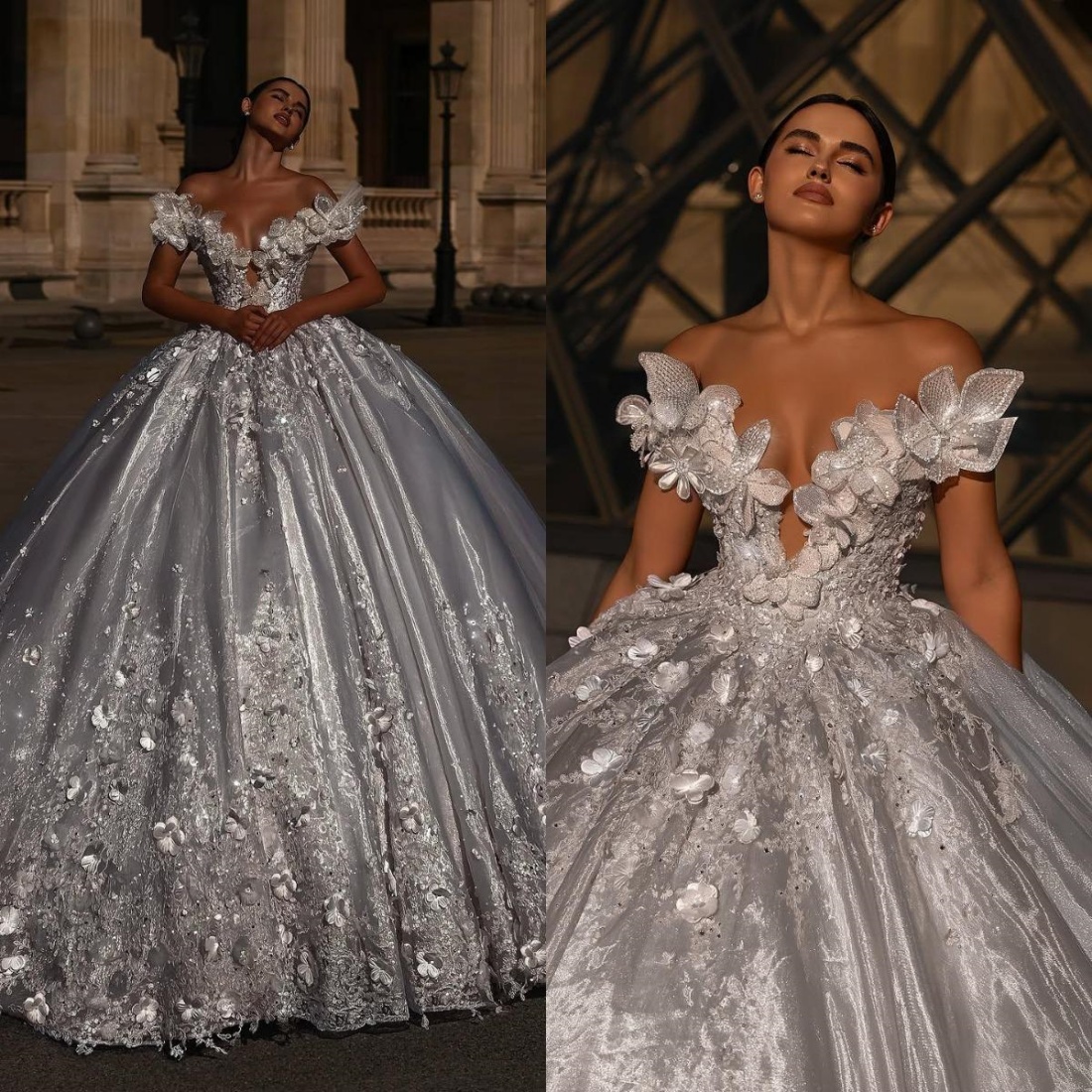 Designer Ball Gown Wedding Dress Off Shoulder Sleeveless Bridal Gowns 3D Floral Appliques Sequins Sweep Train Dresses Custom Made vestidos de novia