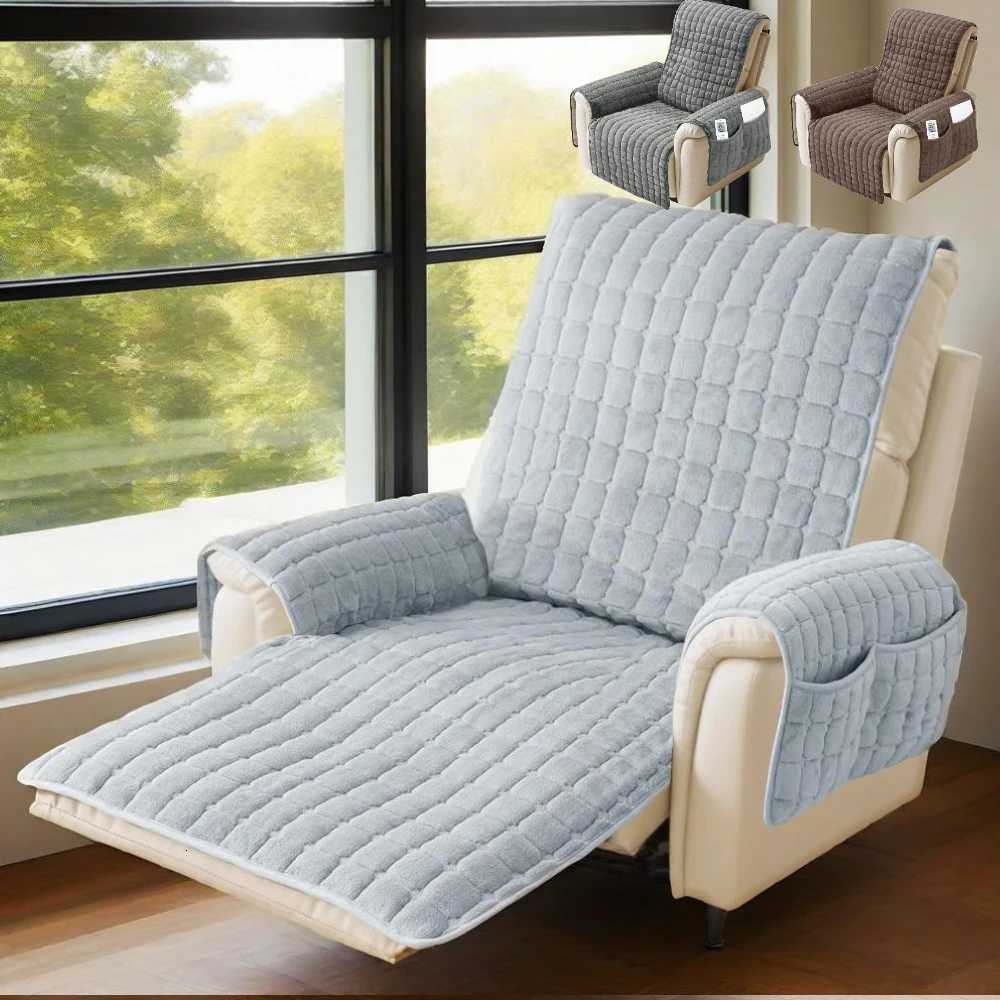 1 Seater Recliner Sofa Covers Flannel Plush Armchair Slipcovers with Side Pockets Relax Non Slip Sofa Mat Home Chair Cover Decor M251204-image-1087197095