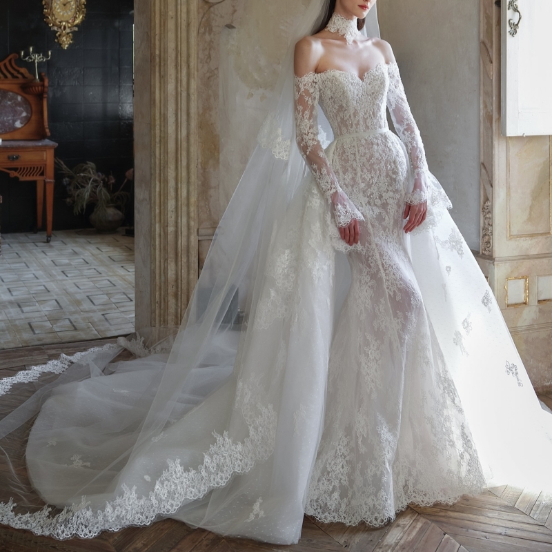 Luxe blanc dubaï arabe sirène robes de mariée appliques dentelle perles tulle manches longues Court Train robe de mariée robe de mariée