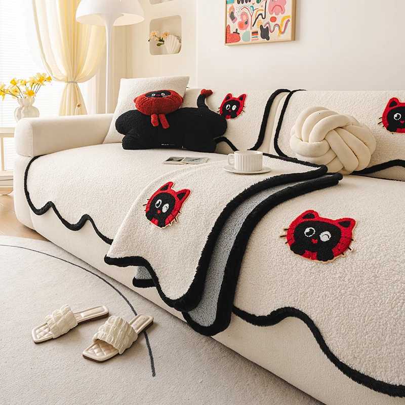 Solid Color Cute Cat Plush Sofa Cushion Thickened Non-Slip Winter Sofa Cover Living Room Sofa Mat Decorative Dust Backrest Towel M251204-image-1087200674