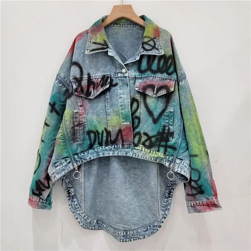 Womens denim jacket loose patchwork zipper letter graffiti contrasting irregular jacket autumn fashion 251129