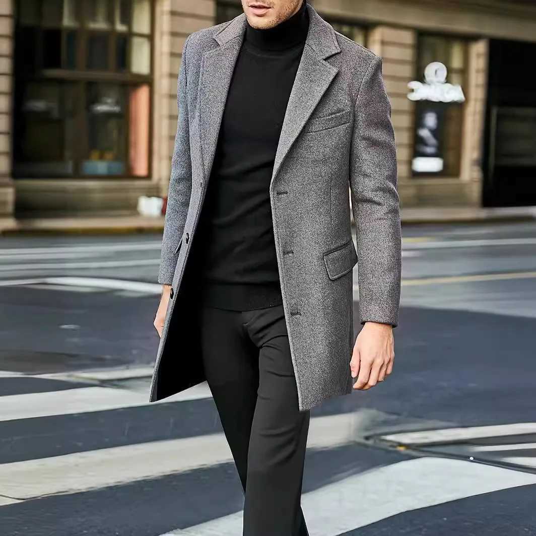 Autumn Winter Mens Black Grey Solid Color Simple Basic Casual Trendy Single-breasted Turn-down Collar Wool Coats Male ClothesXJ251204