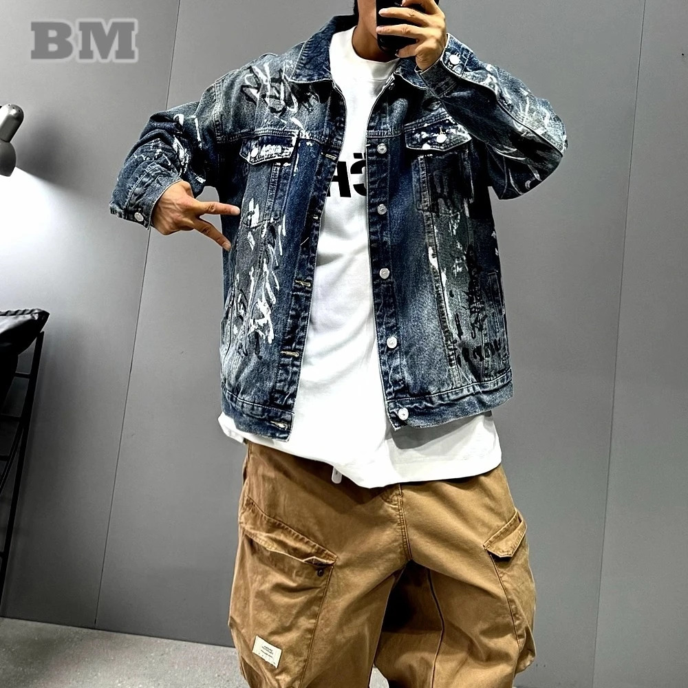 American Streetwear Hip Hop Graffiti Denim Jacket Men High Street Skateboard Cargo Casual Jacket Harajuku Fashion Coat Male 251129
