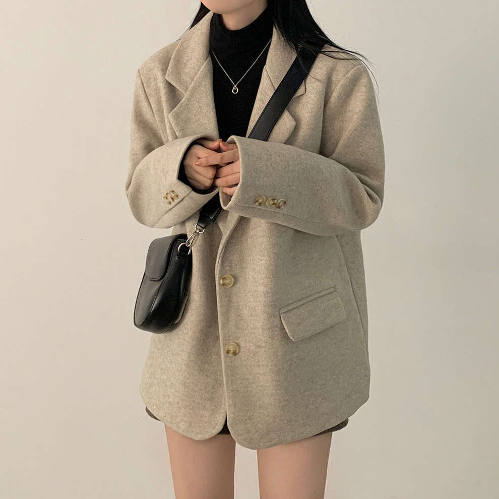 Korean Chic Winter New Retro British Style Elegant Mid-Length Loose Woolen Blazer For Women Versatile B5