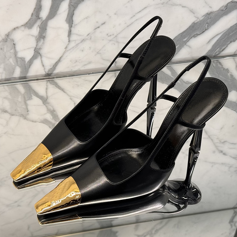 new Genuine Leather Slingback Pumps gold-tone Square pointed tip stiletto heels Slip-on Pumps 10cm women's Fashion high heeled Luxury Design-image-862935544