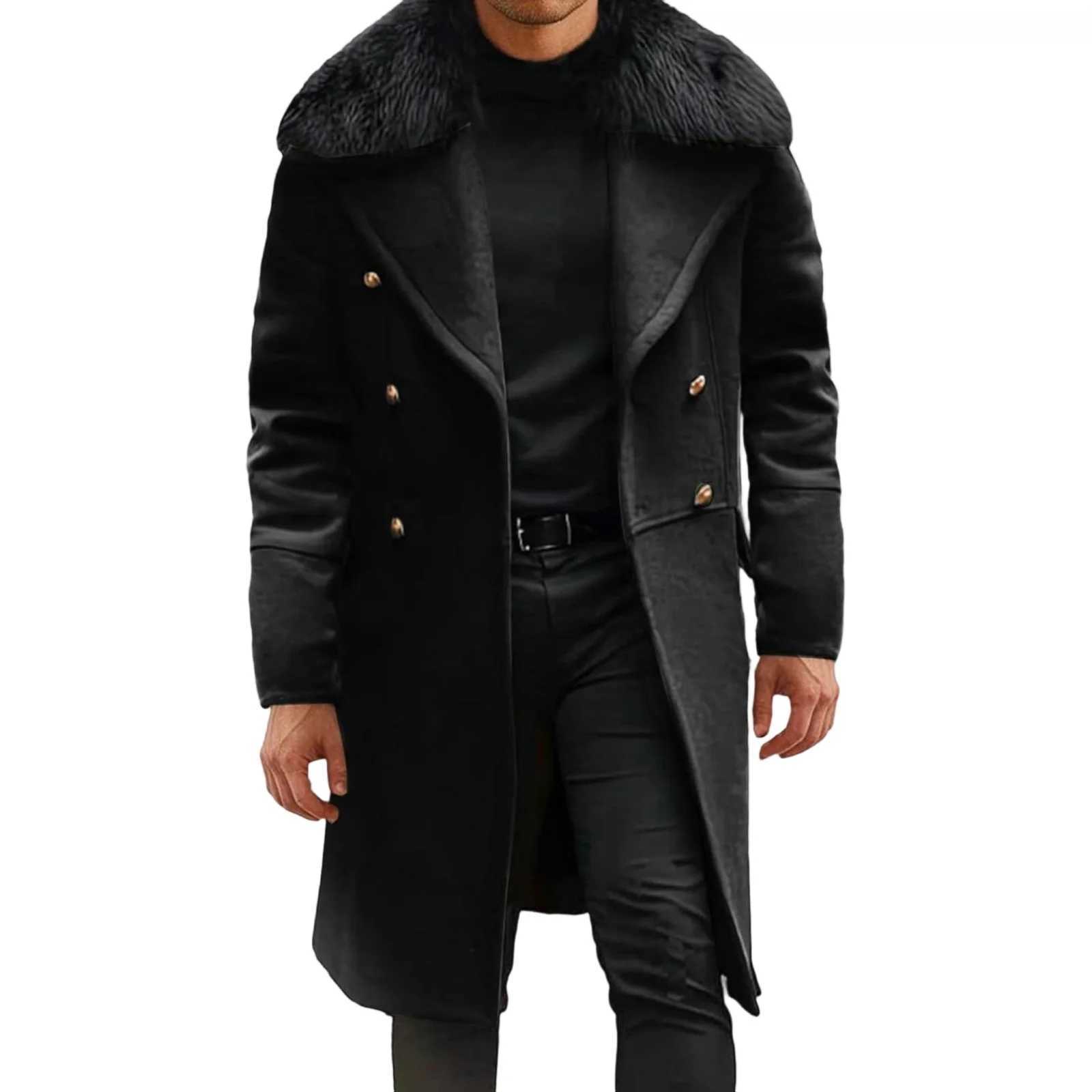 Men s Double Breasted Trench Coats Mid-Length Fur Collar Lapel V Neck Long Sleeve Warm Wool Blend Winter OvercoatsXJ251204