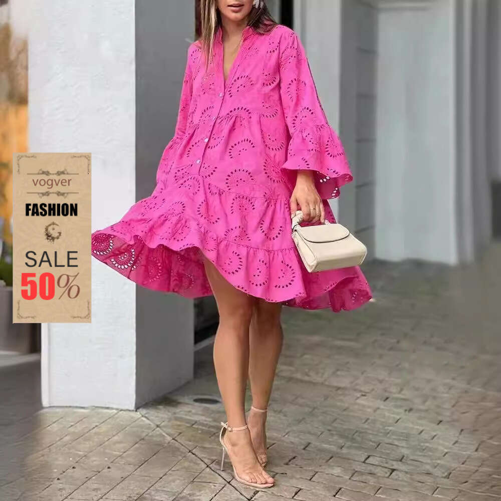 Robe de luxe de styliste pour femmes, couleur unie, col en v, ample, brodée, en dentelle creuse, printemps automne été 2026
