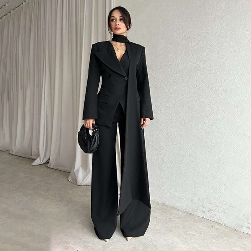 European And American Women's Fashion New Solid Color Scarf Long Sleeve V-Neck Button Straight-Leg Pants Casual Set B5