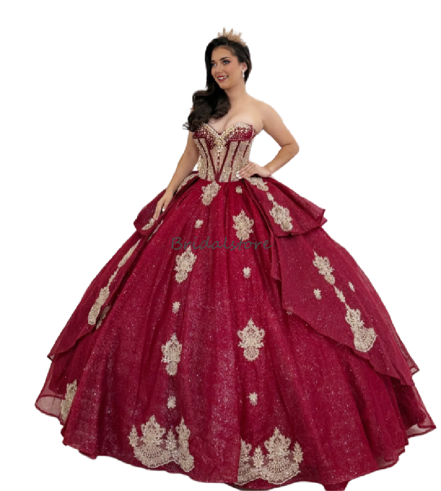 Splendidi abiti Quinceanera rosso scuro 2026 Abito in pizzo dorato con perline Principessa Sweet 16 Abito elegante Abito da ballo in maschera Festa