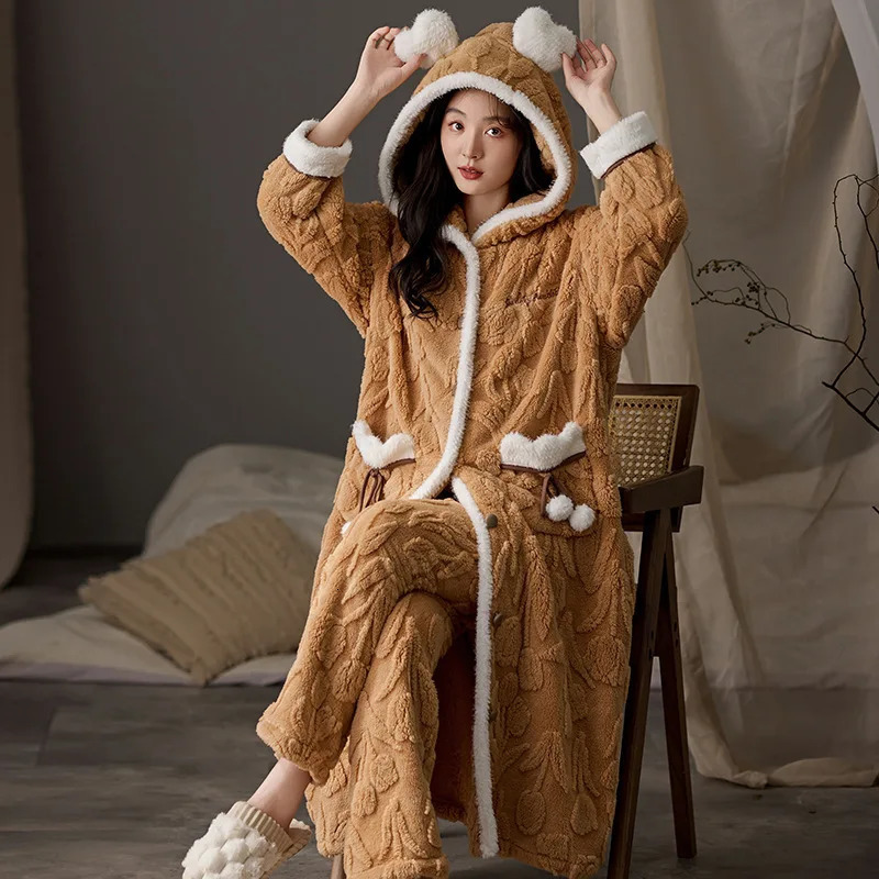 2PCSSet Thickened Warm Flannel Plus Size Womens Pajamas Robe and Trousers Sleepwear Homewear Winter Nightwear with Hood 251129