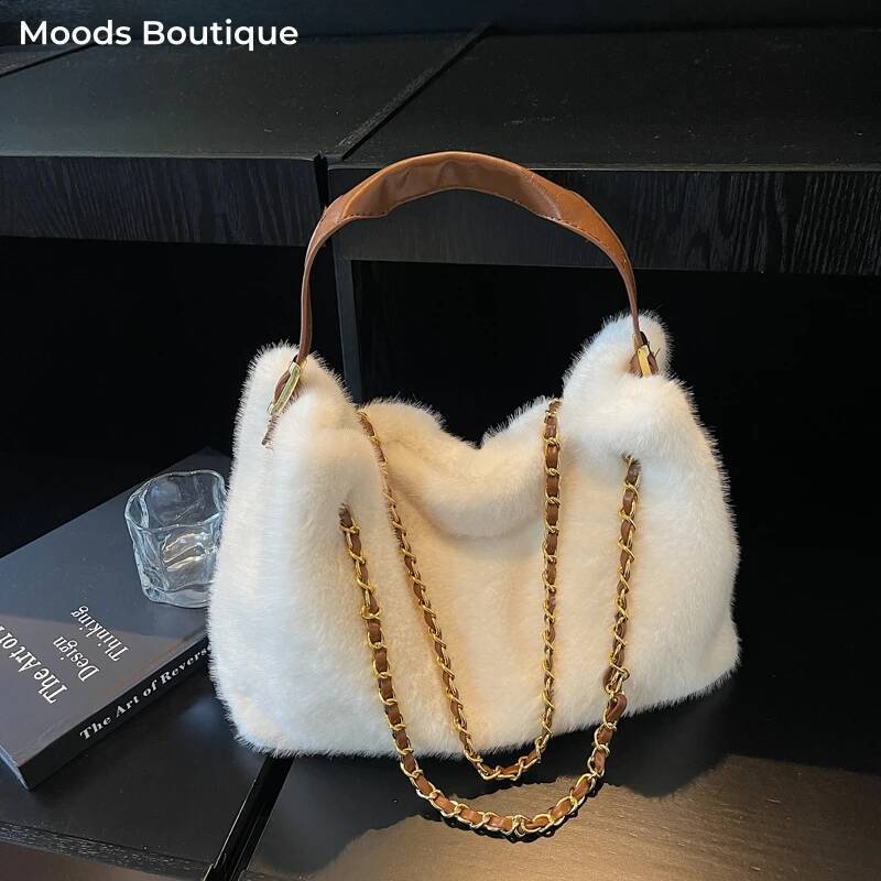 2025 Winter Warm Chain Shoulder Crossbody Bags For Women Soft Plush Big Capacity Commute Shopping Totes Luxury Designer Handbags