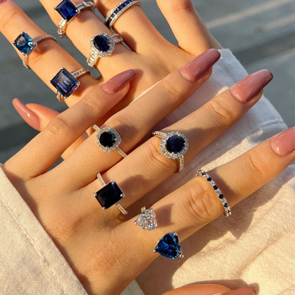 Anneaux de bande Bague de créateur de saphir de diamant bleu pour femme de mariage en argent sterling 925 5A zircone ronde coeur carré luxe maria