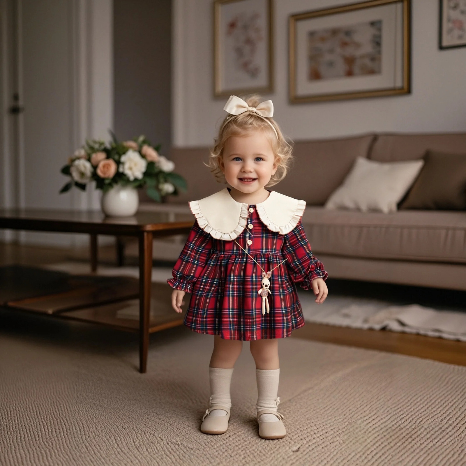 Spring And Autumn College Style Baby Girl Dress Red Checkered Long Sleeve ChildrenS Clothing Free Rabbit 03 Years Old 251204