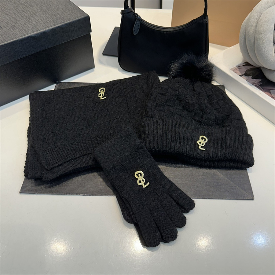 Chapeaux de créateurs Gants d'écharpe tricotés Ensembles de trois pièces Bonnet chaud d'hiver Écharpes simples Gants de tricot unisexe Coupe-vent