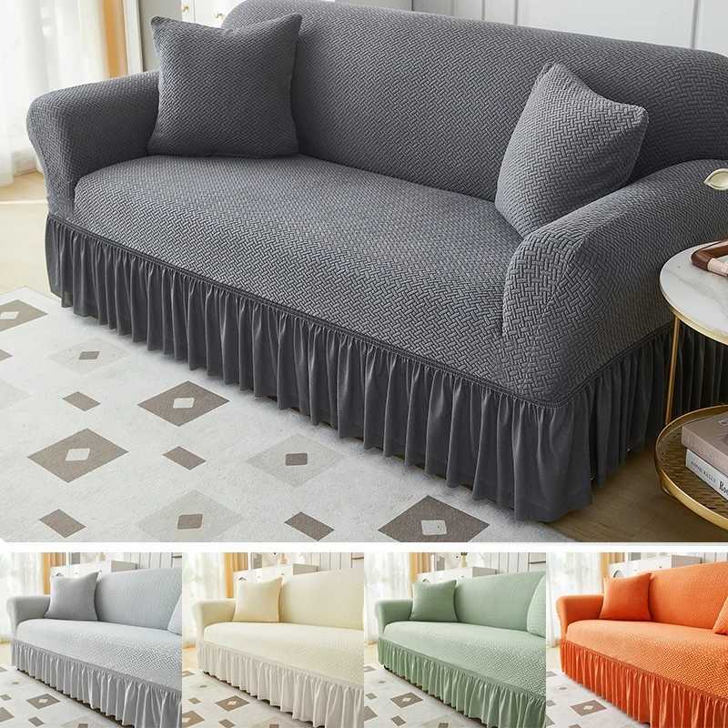 Solid Color Thick Sofa Cover for Living Room Elastic Jacquard 1/2/3/4 Seater Sofa Cover With Skirt M251204-image-1087196865