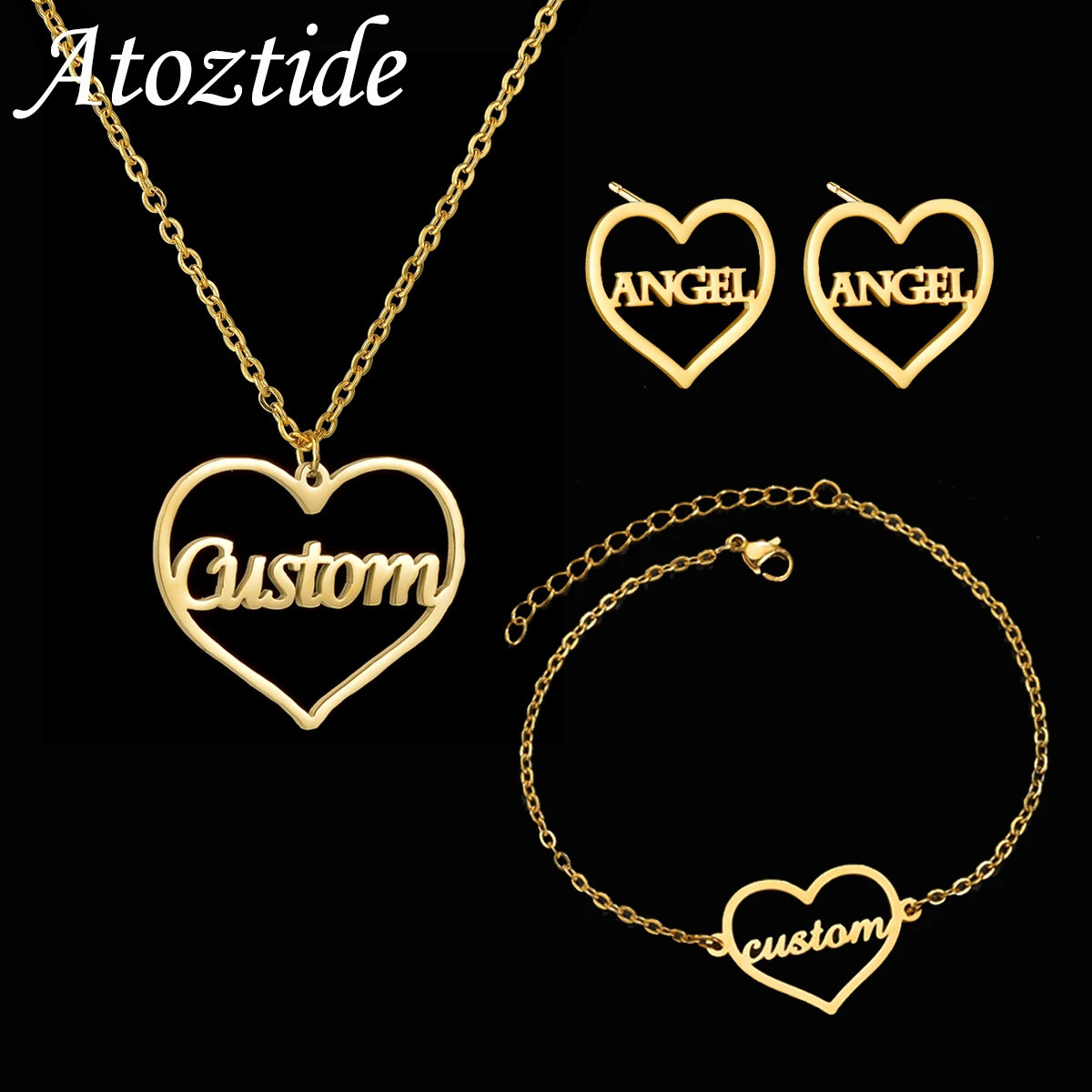 Atoz Personalized Custom Name Bracelet Earring Necklace Heart Jewelry Set Stainless Steel For Women Men Chain Birthday Gift 251202