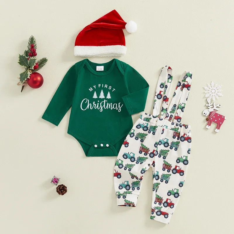 Né bébé garçon 3pcs vêtements ensemble infantile à manches longues mon premier barboteuse de Noël motif mignon jarretelles pantalons salopettes t