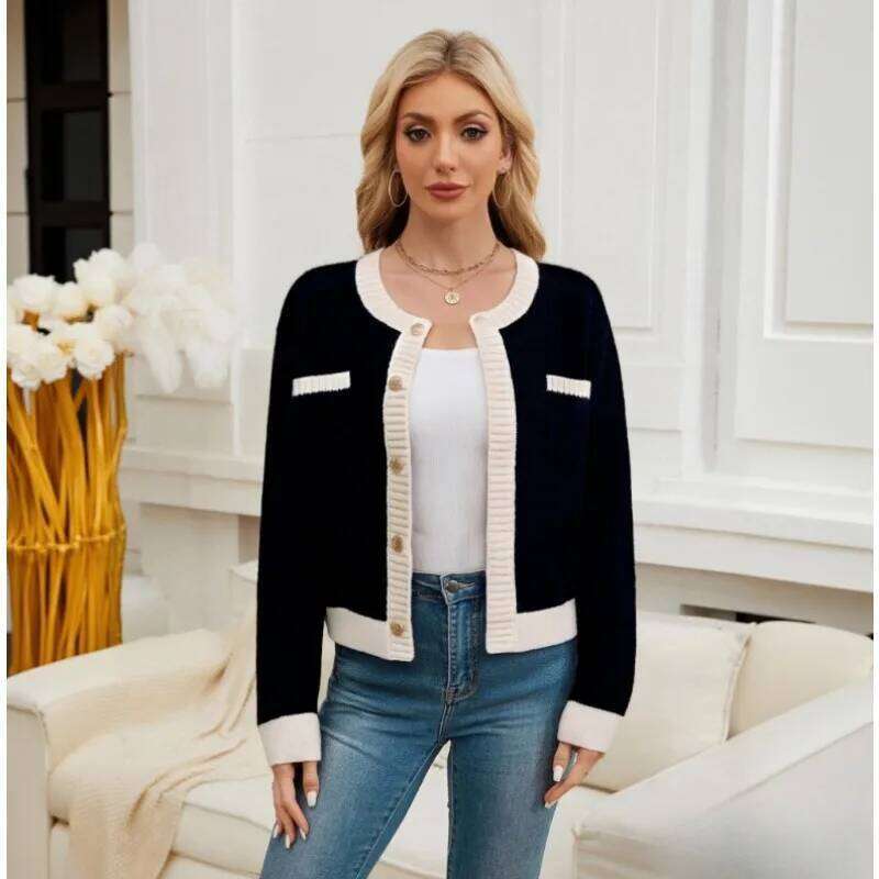 Cardigan coréen à col rond pour femme, couleur contrastée, petit parfum, tricoté, mode automne, pull court et élégant, nouveau