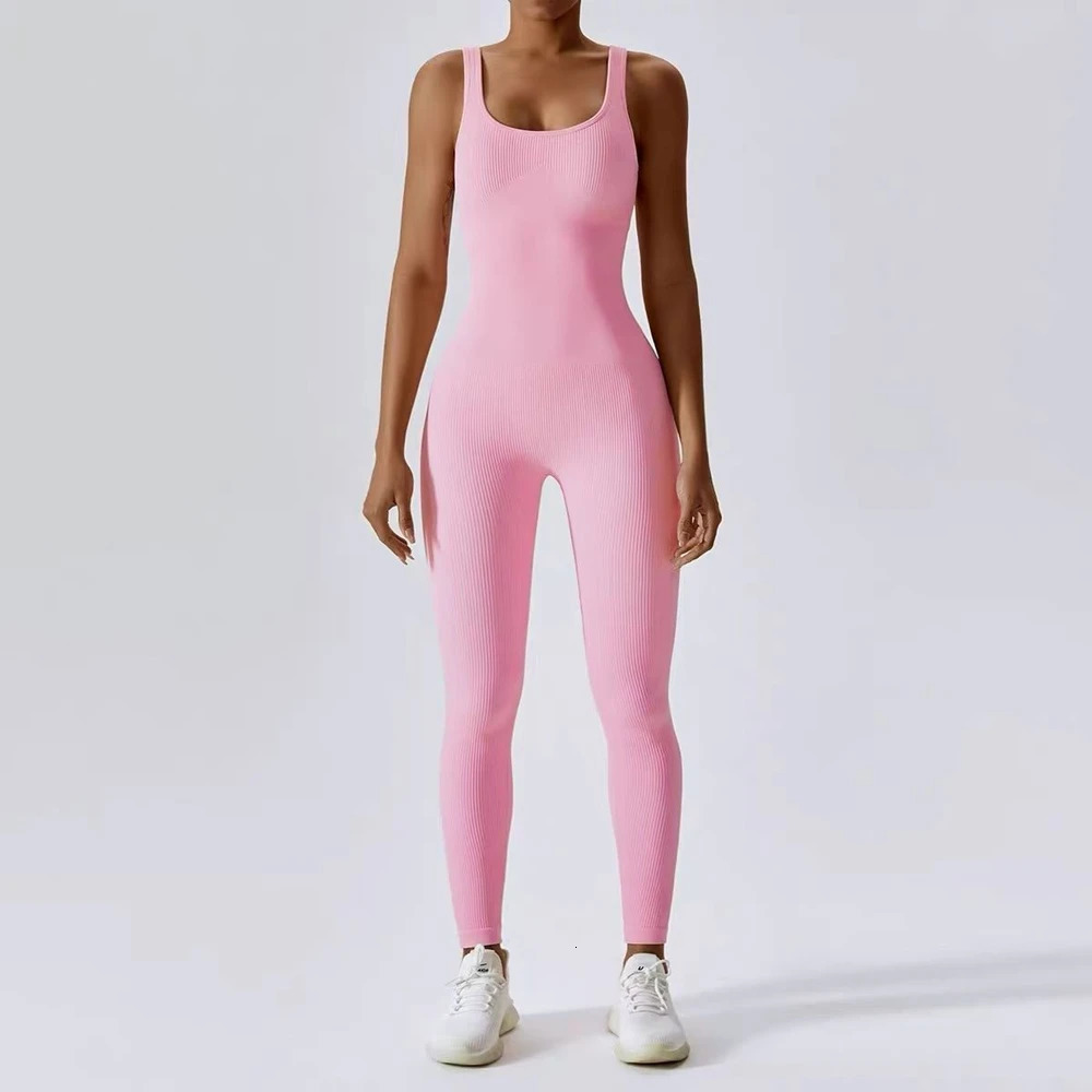 Combinaisons pour femmes sans manches Yoga Slim Fit Stretch Filetage One Piece Romper Sexy Fitness Sans couture Rose Sportwears Coussinets de poi