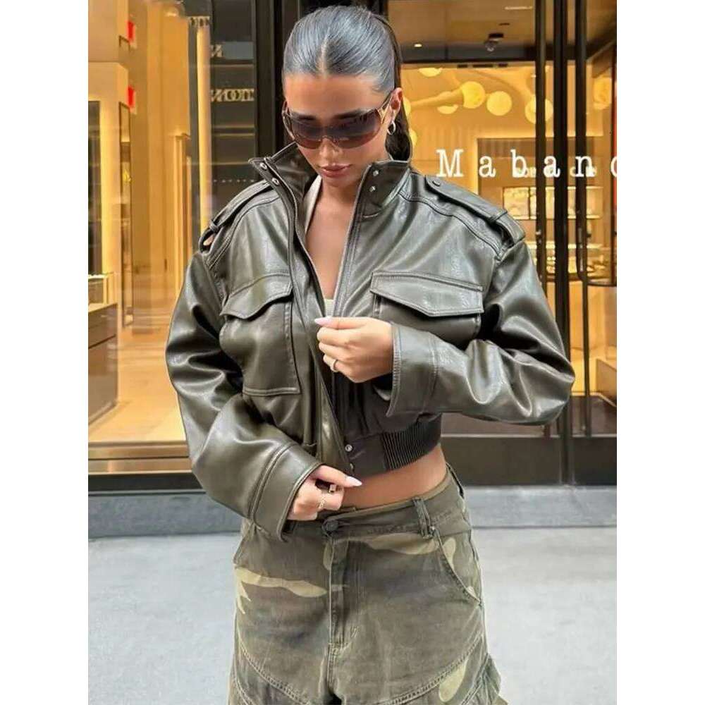 HH Women Faux Leather Cropped Vintage Bomber Jackets With Pockets Long Sleeve Coats Zipper Overcoat Jacket For Woman