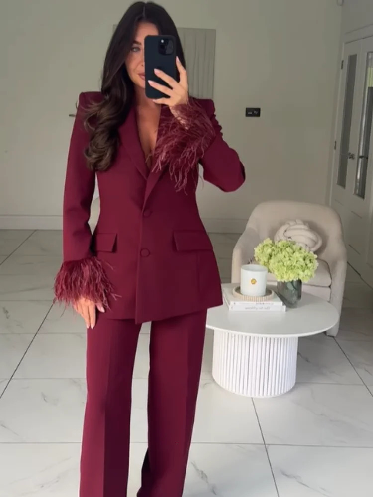 Street Womens Feather Costume Revers Épaulettes À Manches Longues Blazer Veste Poches Pantalon Droit Ensemble Automne Lady Commuter Tenues 251204