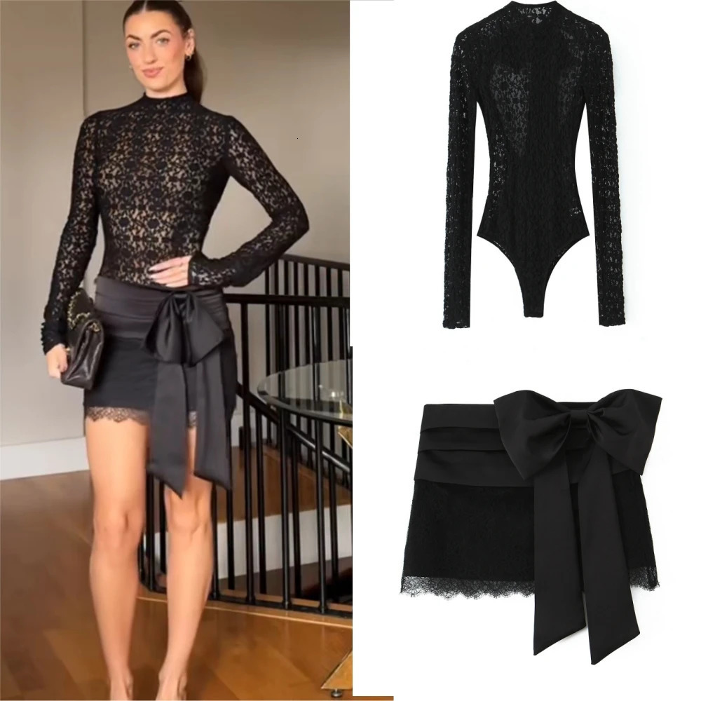Ensemble de robe à bandes en dentelle noire, Sexy, dos nu, manches longues, body, Mini jupe, 2 pièces, Club de fête, pour femmes, 251204