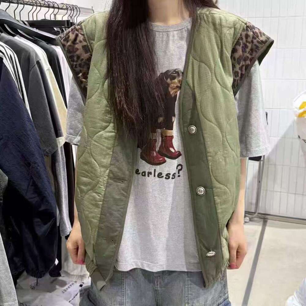 Korea Dongdaemun INS Autumn New Korean Style Personality Leopard Print Color Block Thin Cotton Vest Jacket B5
