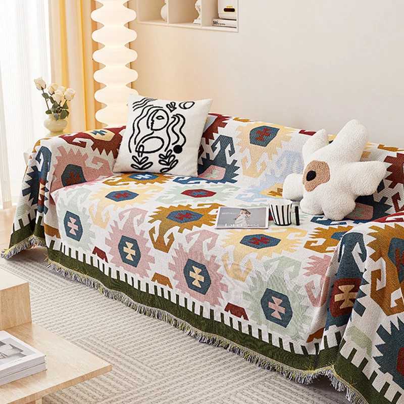 1pc Sofa Towel Geometric Sofa Throw Blanket With Tassels Couch Covers Double Face Usable Living Room Furniture Protector M251204-image-1087197663