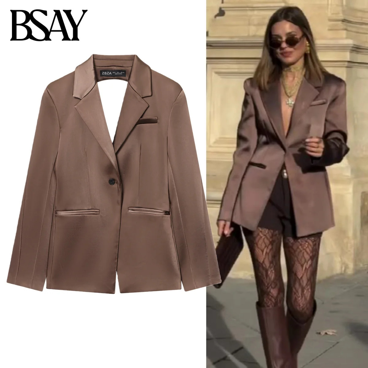 BSAY dos nu Satin Texture Blazers femmes mode automne hiver dos creux n manches longues boucle unique costumes veste manteaux 251204