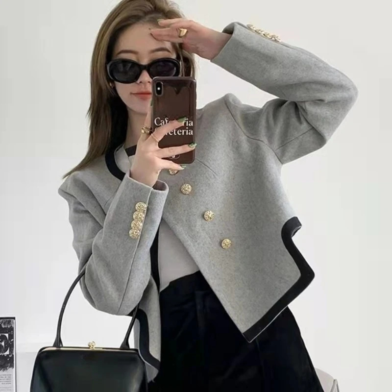 Womens Spring Arrival Gray Asymmetric Wool Blazer Jacket French Chic Short Suit Coat Trendy Fashion Outerwear 251204