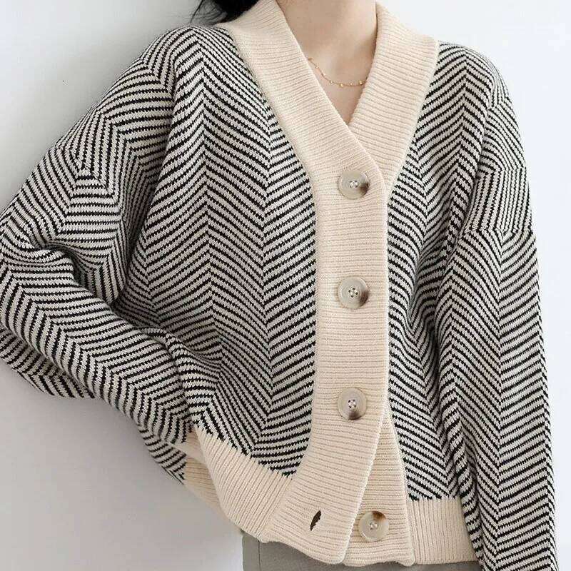 Cardigan tricoté à manches longues et col en v, pull rayé, ample, Style décontracté, mode automne et hiver