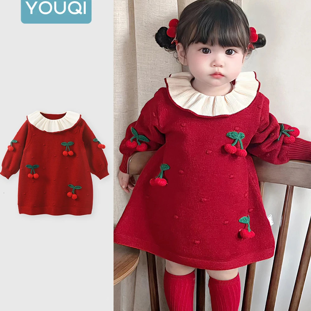 Robe tricotée de style princesse pour filles avec col de lotus pour bébé, jupe pull d'automne en pur coton, cerise douce, mode mignonne 251204