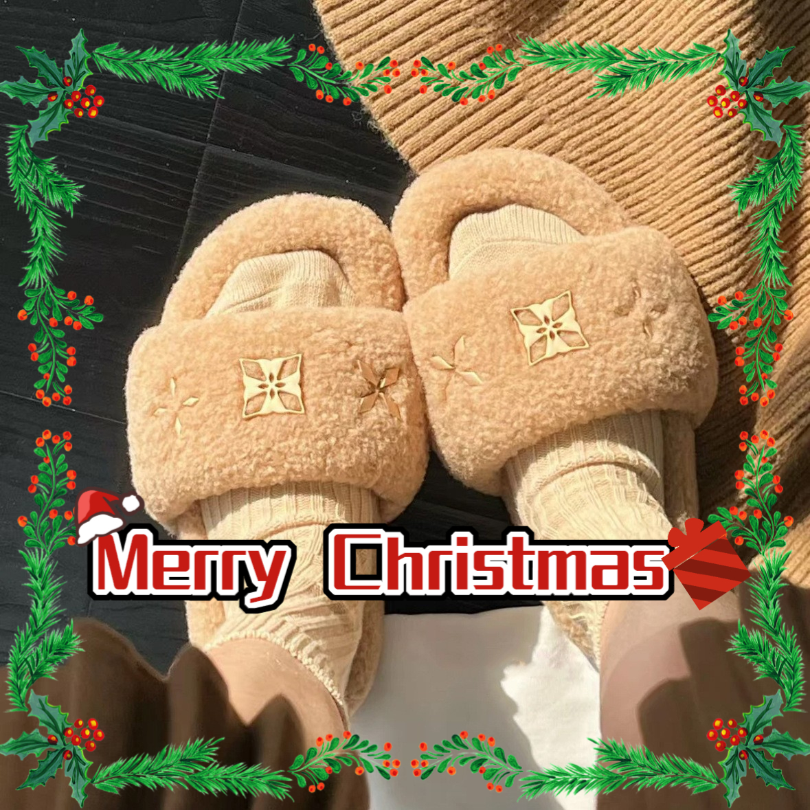 Outdoor leisure versatile lamb wool slippers Christmas gift luxury shoes fashionable autumn and winter women's thick soled one-piece slippers d