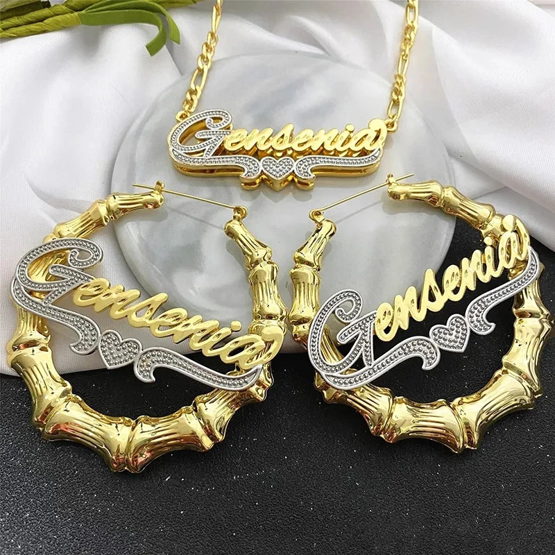 Customized Jewelry Sets 14K Gilded Nameplate With Heart Jewelry Set Stainless Steel Personalized Name Necklace Bamboo Earrings 251202