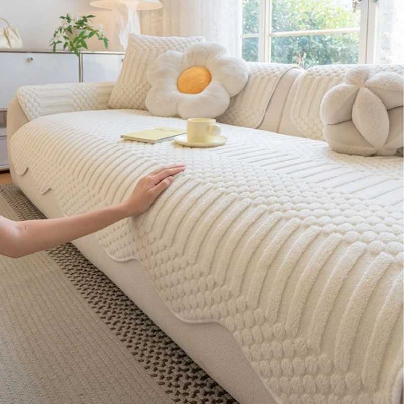 Cream Thicken Tuffed Fleece Sofa Cover for Cozy Winter Warmth Living Room Furniture Decor Couch Cushion Slipcovers Sofa Towel M251204-image-1087200209