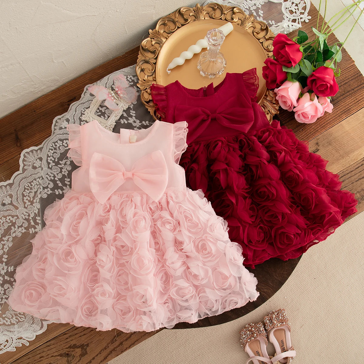 03 ans bébé fille princesse robe été rouge arc rose jupe vêtements sans manches pour enfants adaptés à la fête de mariage 251204