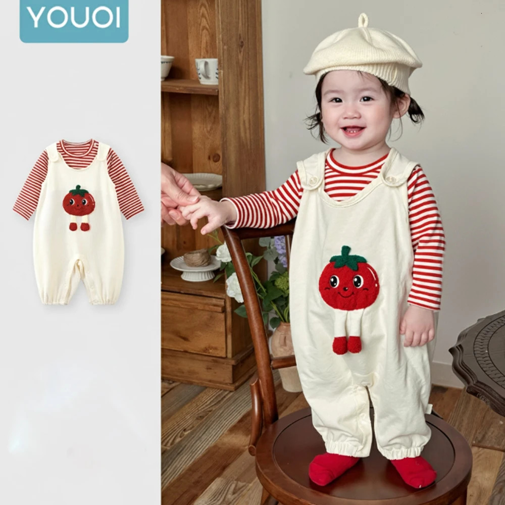 Baby girl set autumn cute tomato twopiece shoulder strap jumpsuit baby pure cotton striped long sleeved hoodie jumpsui 251204
