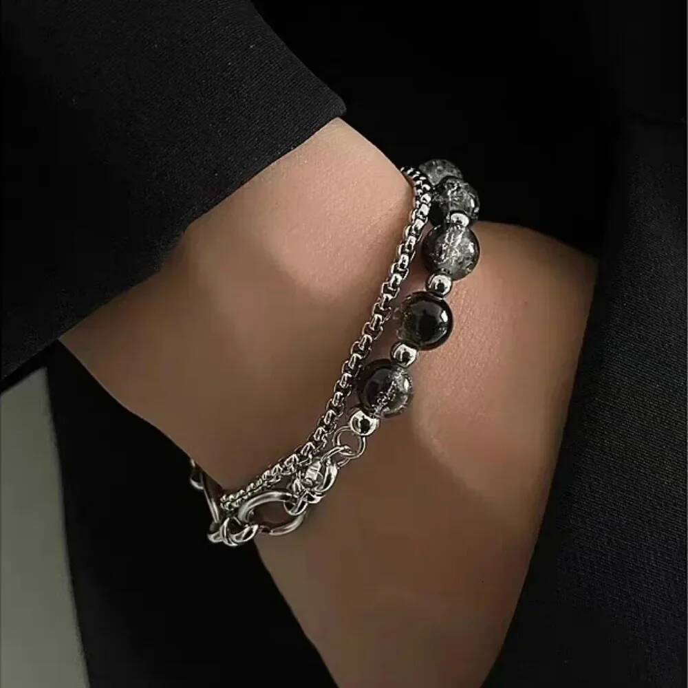 2024 Bracelet de perles craquelées noires rétro pour hommes femmes en acier inoxydable chaîne à double couche mode bijoux hip-pop Pulseras ddmyno