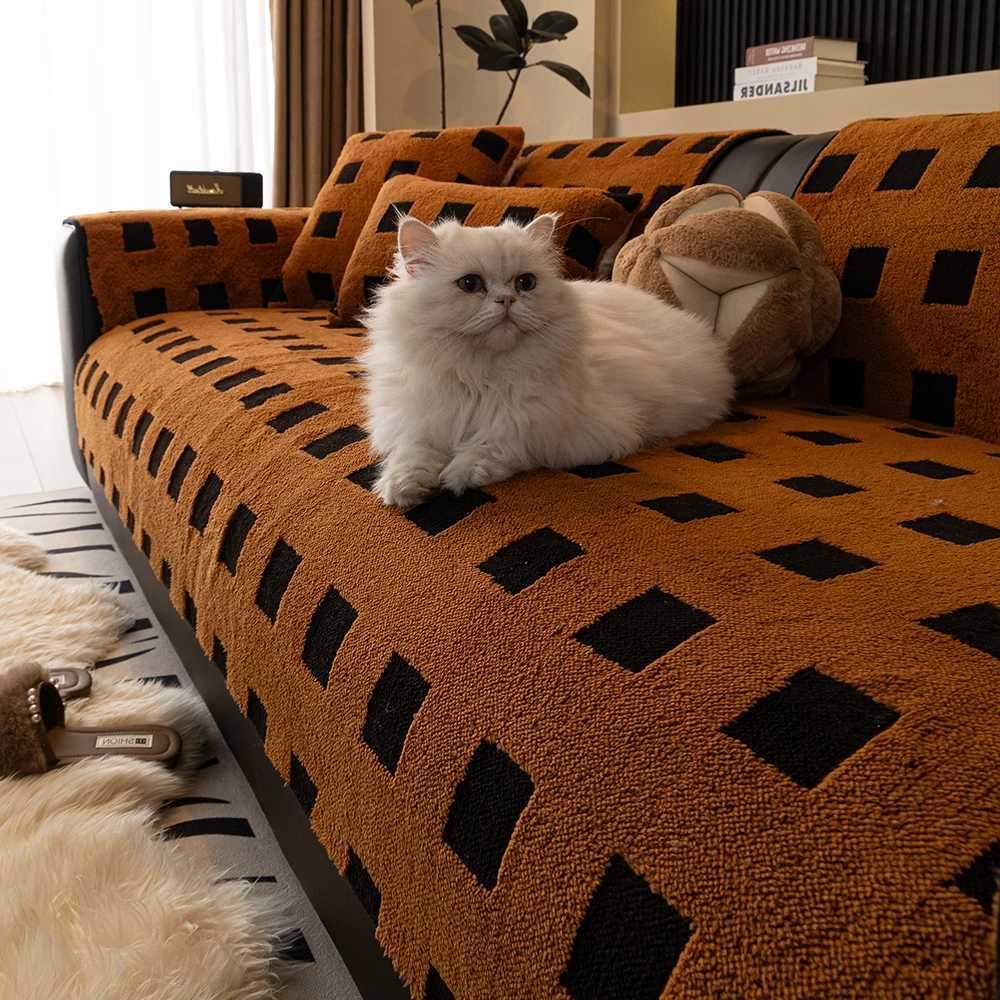 Winter Plush Sofa Cushion Checkered Pattern Soft Warm Home Protection Cover Anti-Slip Sofa Pad for Living Room Decor Office M251204-image-1087201052
