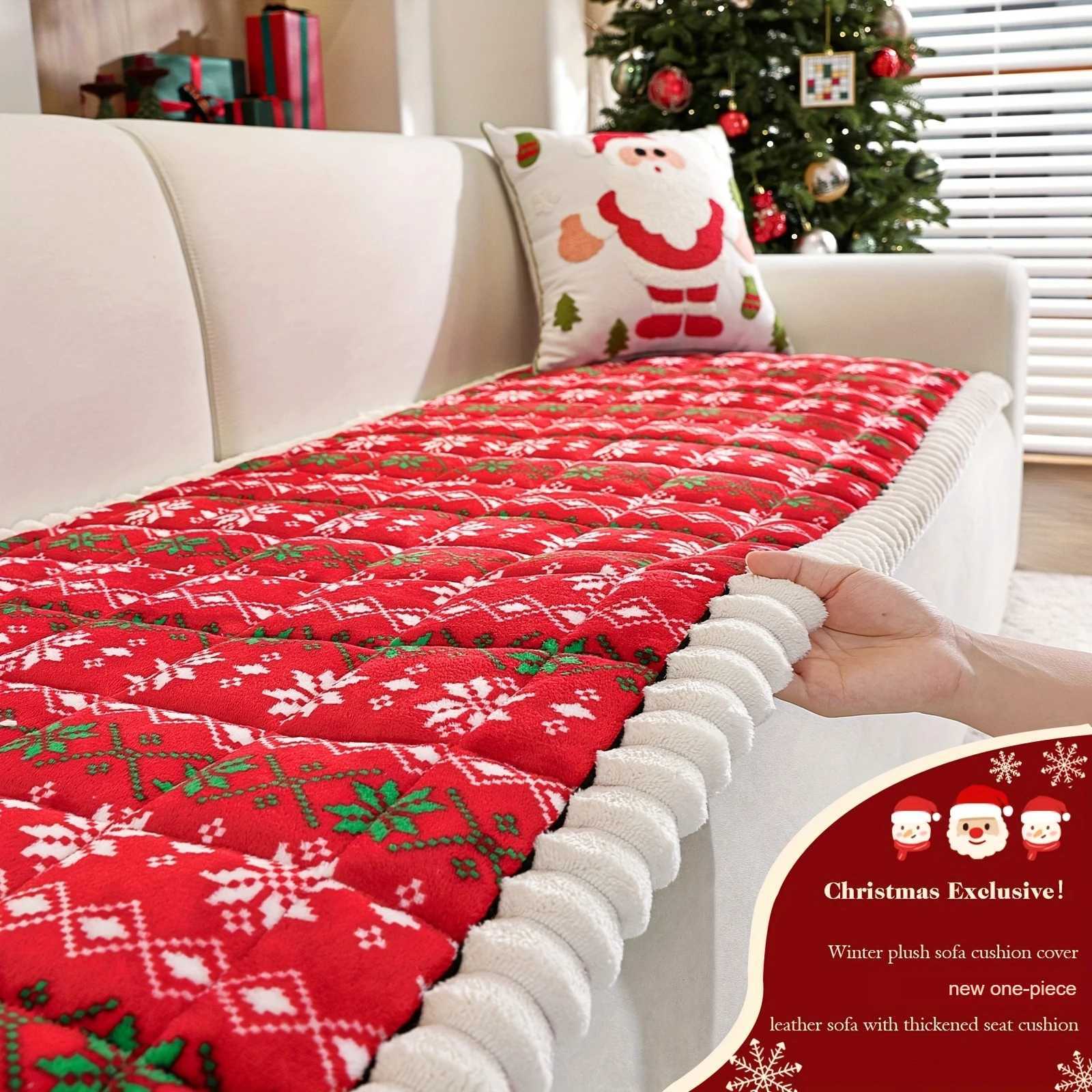 1pc Plush Quilted Christmas Snowflake Cable Sofa Cushion Cover Thick Plush No-Fill Pad Nordic Red Green Winter Decor Sofa Use M251204-image-1087196827